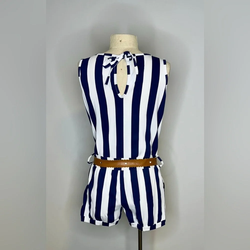 Striped Sleeveless Romper with Belt - Picture 2 of 2
